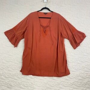Cotton Ginny Boho Embroidered Lace Up Ruffle Sleeve Tunic Orange Cotton